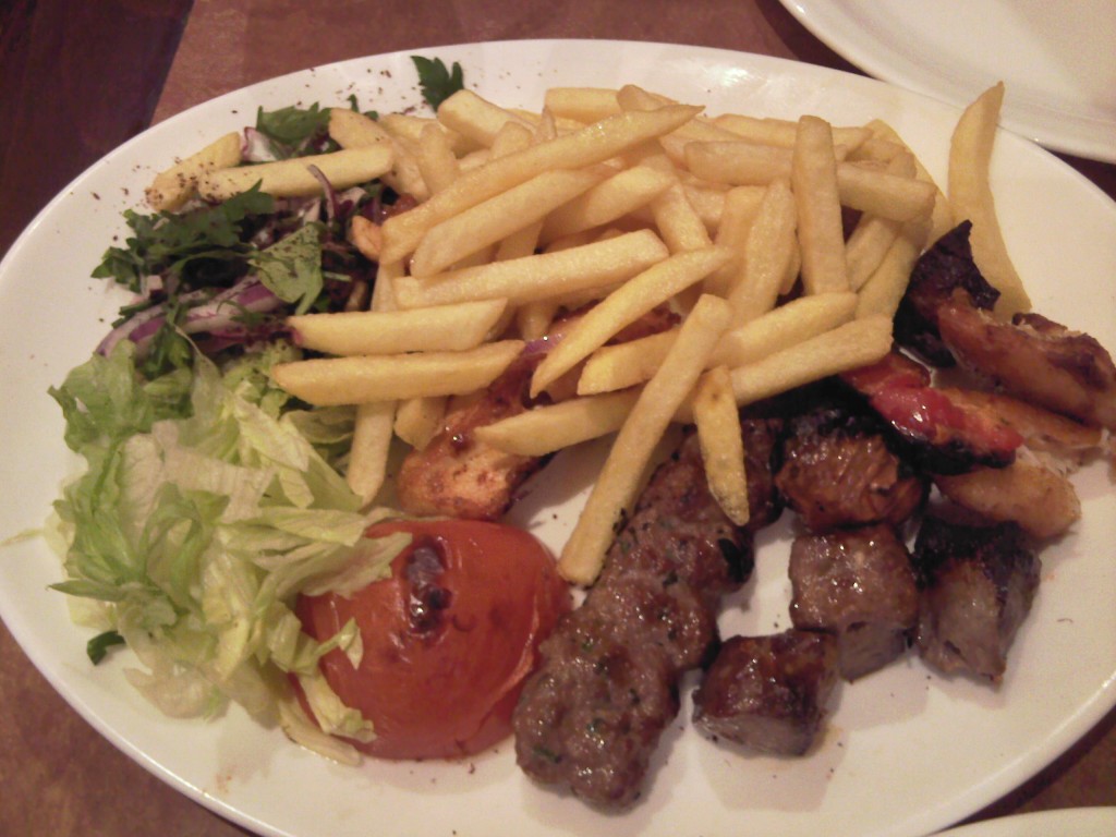 Mixed Grill - skewser of lamb cubes, chicken cubes and minced with chips