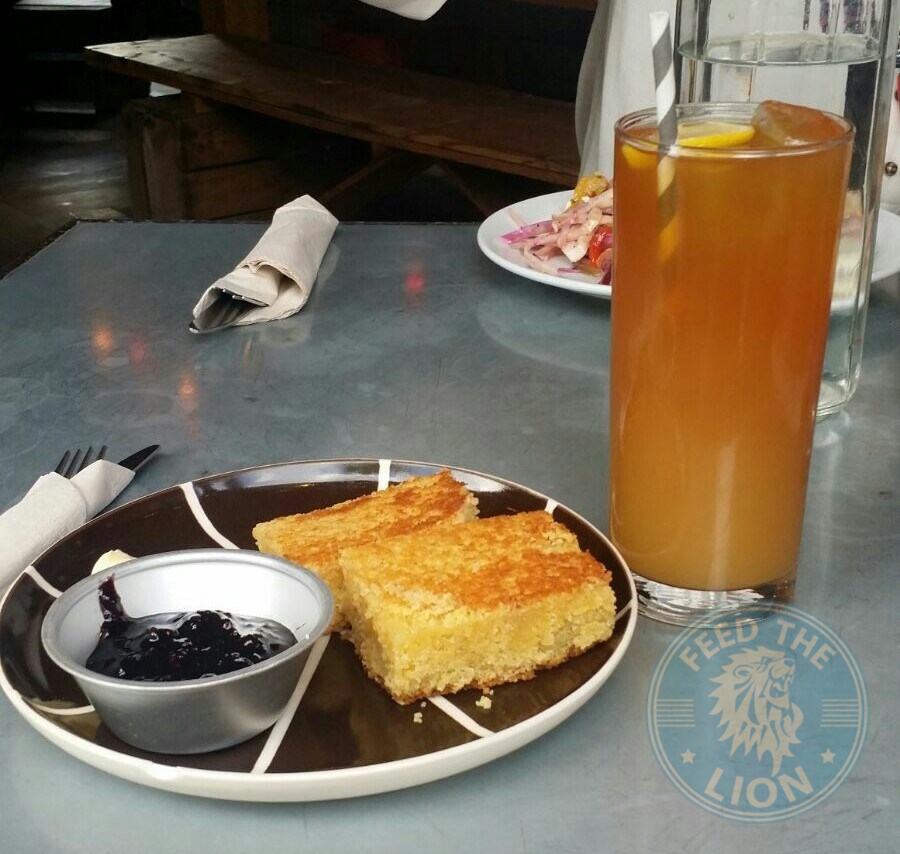 Cornbread with jam and butter, and Arnold Palmer lemonade.