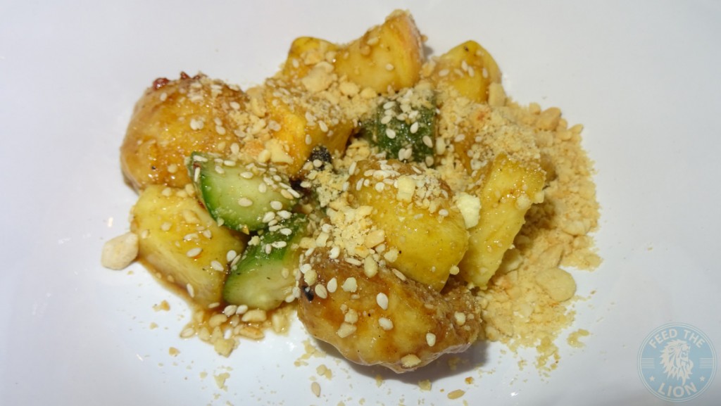 Rojak - Traditional malaysian mixed fruit and vegetable salad made with tofu, cucumber, apple and pineapple served with spicy prawn based rojak sauce and peanuts £5.50