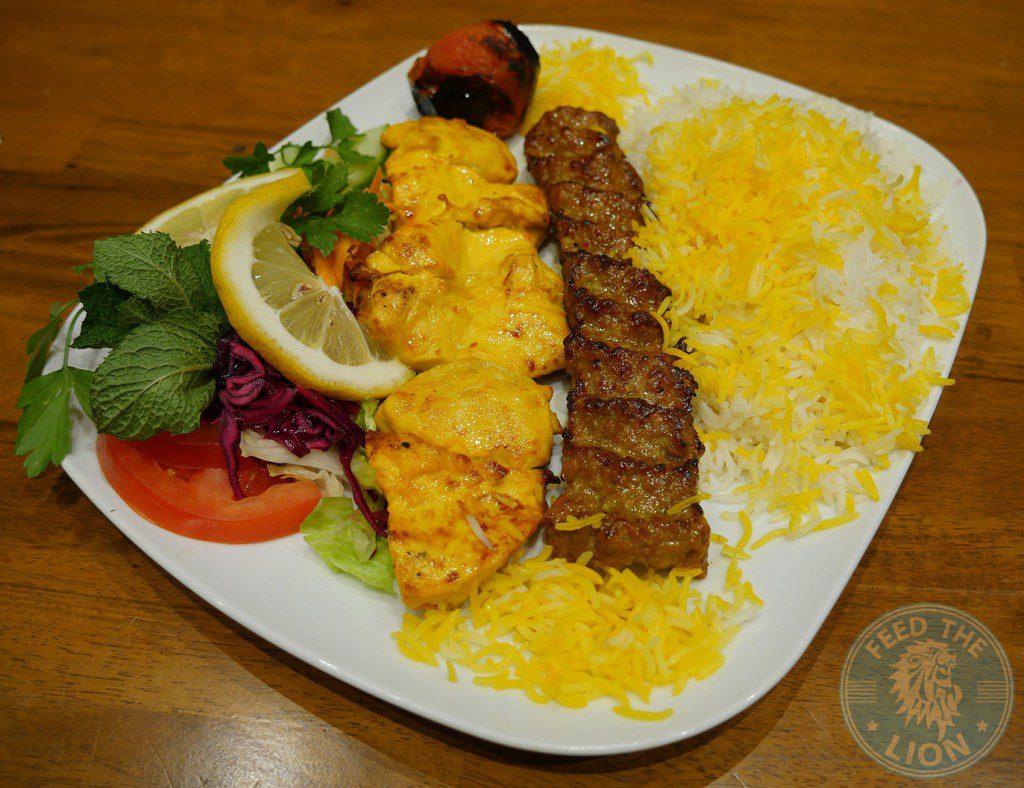 khatoon Momtaz One skewer of marinated chicken fillet & one skewer of minced lamb kebab served with rice, grilled tomato & salad