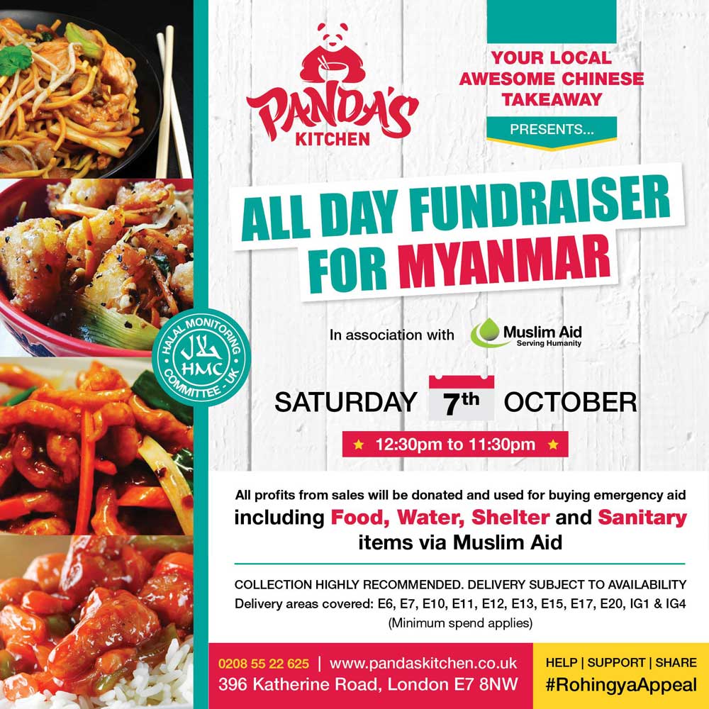 panda's kitchen muslim aid, myanmar rohingya fundraiser chinese restaurant take away
