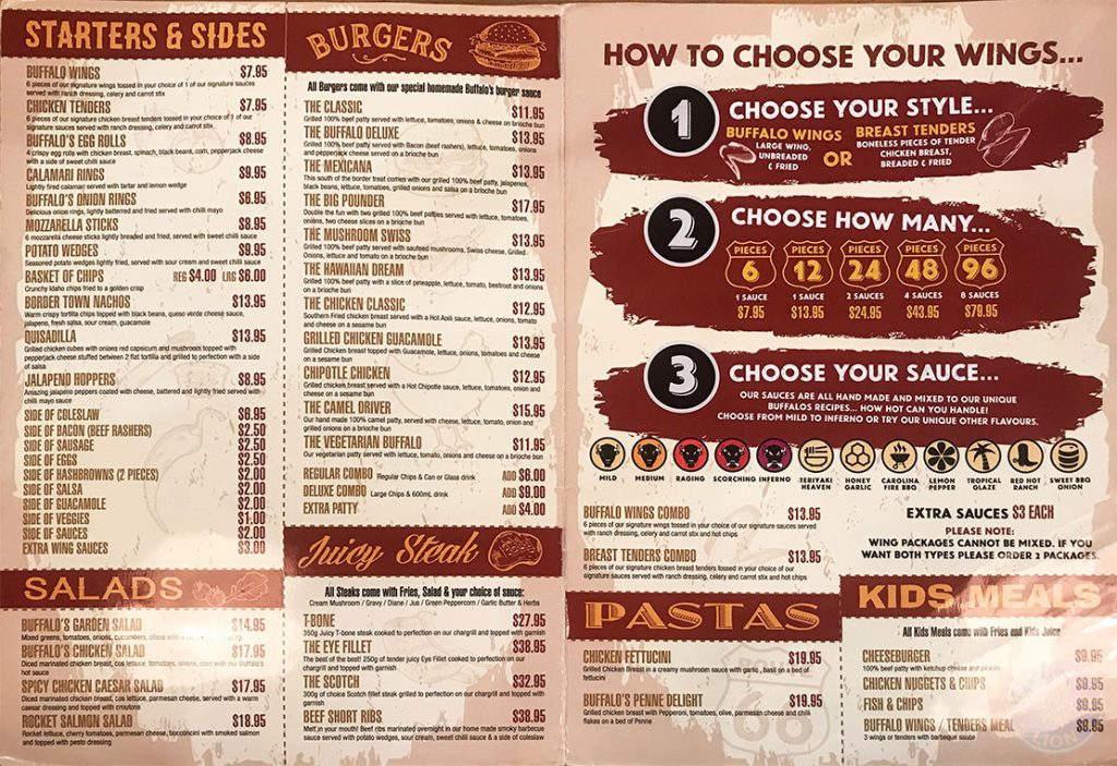 menu Buffalo's Halal burgers steaks wings Liverpool NSW Australia